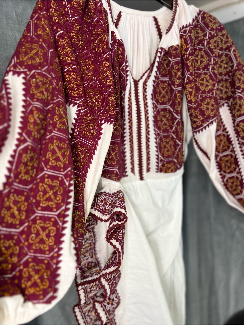 Ie Romanian cusutaTraditional Embroidered Long Sleeve Dress in Burgundy - Picture 7 of 7
